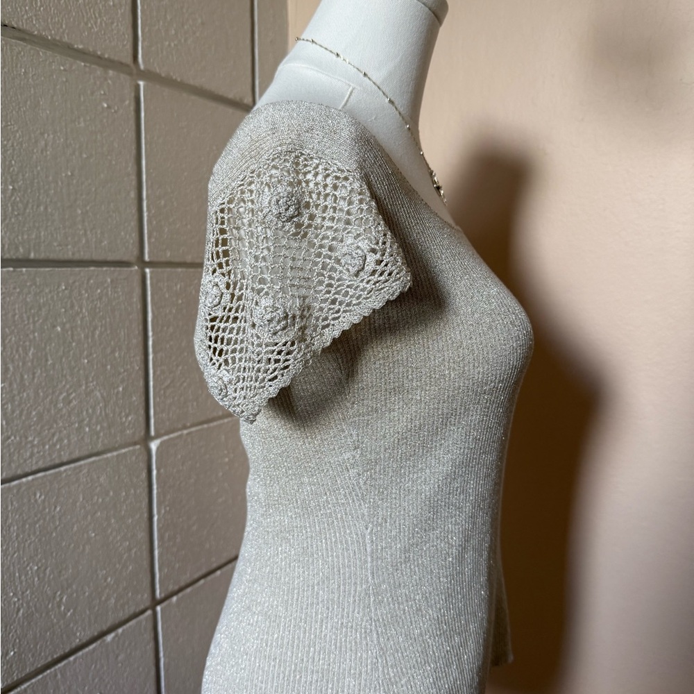 August Silk Beige Knit Top with Lace Floral Detail
